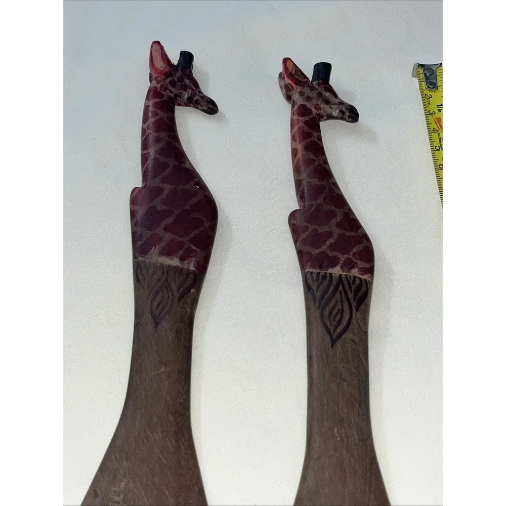 Vintage Wooden Handmade Giraffe Salad Tossing Fork & Spoon Works Great Clean Woo